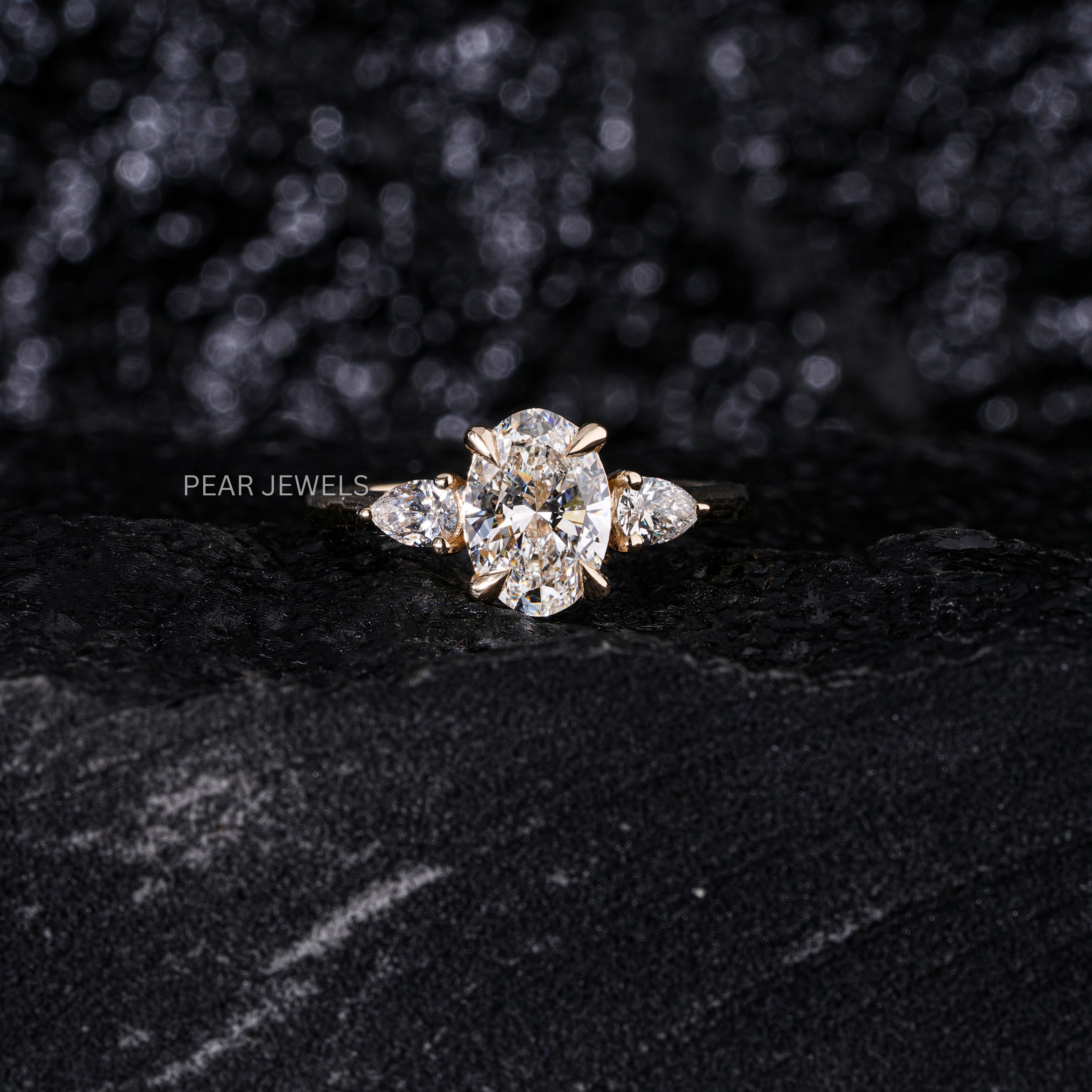 1.5Ct Oval & Pear Three Stone Labgrown Diamond Engagement Ring - Pear Jewels